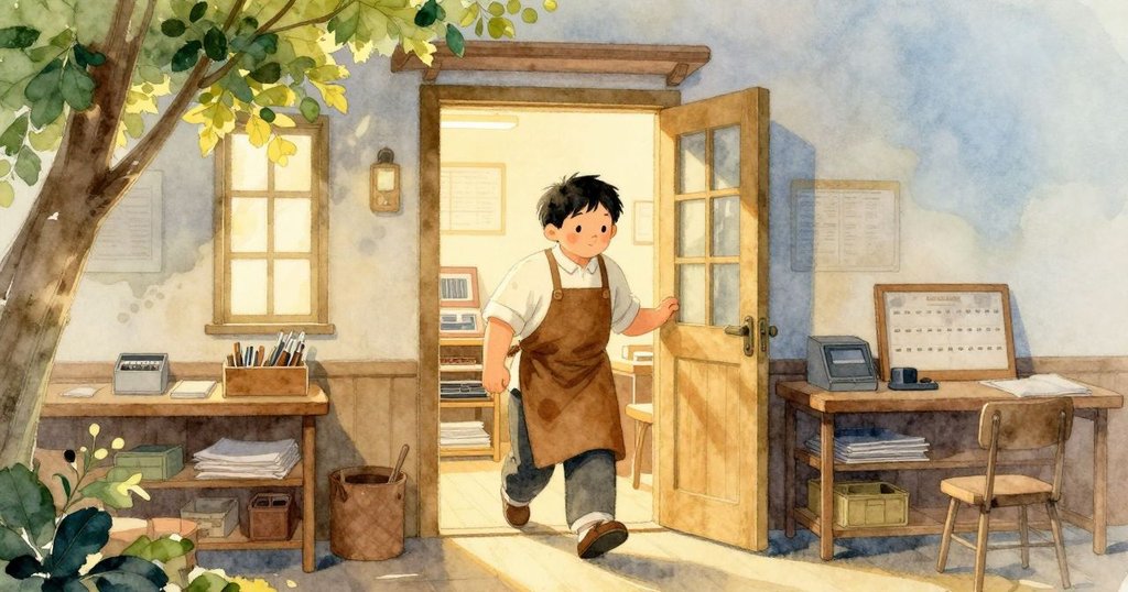 肯特走入印刷室，燈光與日光交織，展現進入新環境的開始，充滿期待與專注