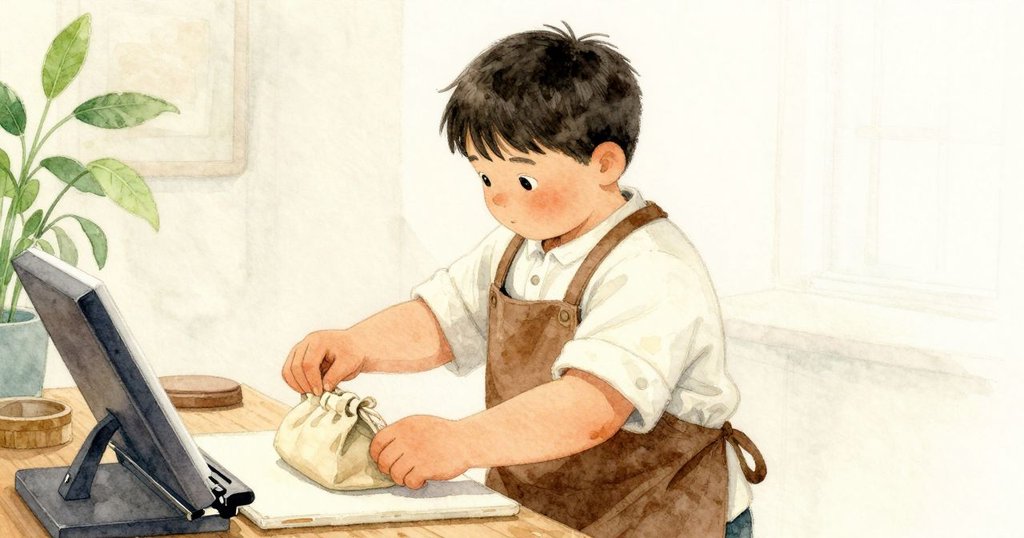 肯特細心揭開小畫布袋，手部動作展現專注調整紙張細節，燈光溫柔推動情節發展