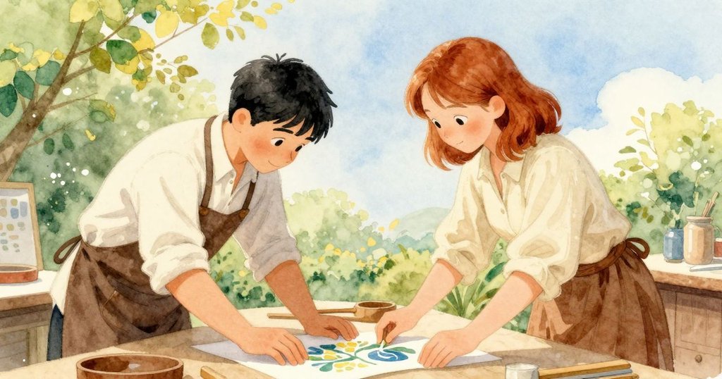 肯特與艾拉協作調整濕版，從高角度展示整個印刷臺，展現配合無間與工藝精準