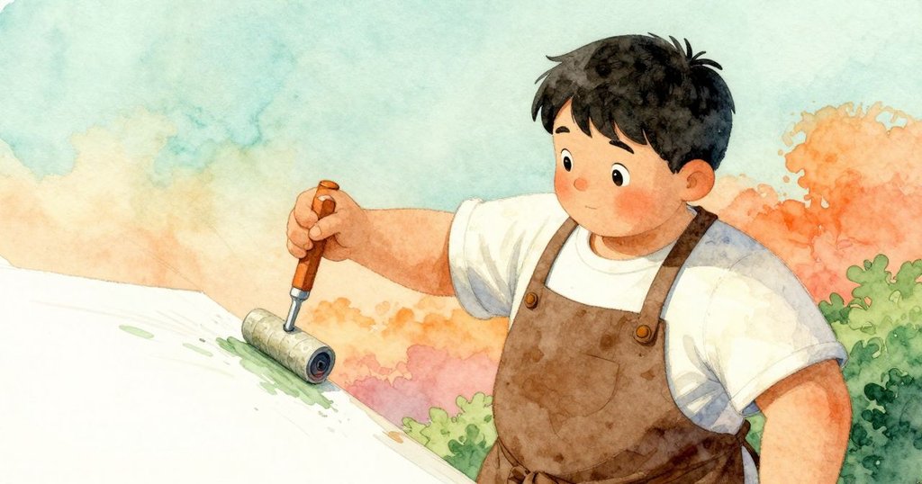 肯特拿著輥子迅速滾動新墨，動態軌跡展現專注與技藝，暖光映襯下情節推向高潮