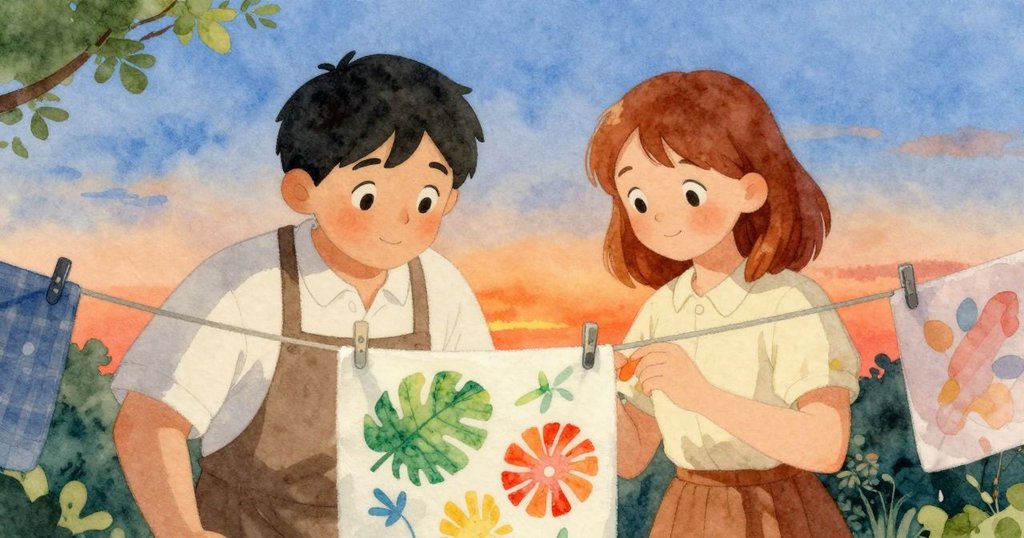 肯特與艾拉滿懷喜悅注視掛於繩上的濕版，夕光柔美映襯下呈現綠黃交融圖案，故事迎來結局