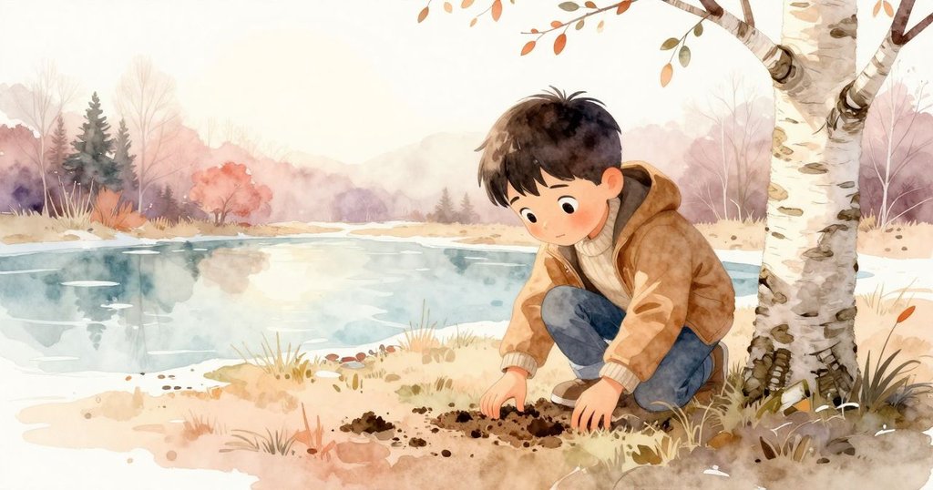 Reese在池塘邊的樺樹下仔細觀察泥印，背景有水面反射與自然景致，展現好奇與探索情緒。