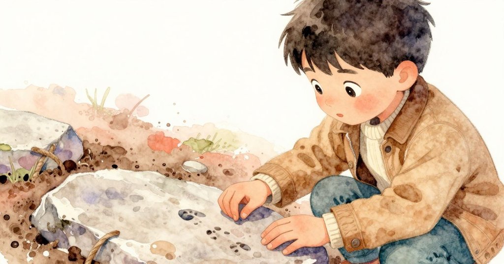 Reese蹲在池邊石上，用樹枝描繪鞋印與繩節紋理，特寫呈現泥面細緻變化與他專注思考。