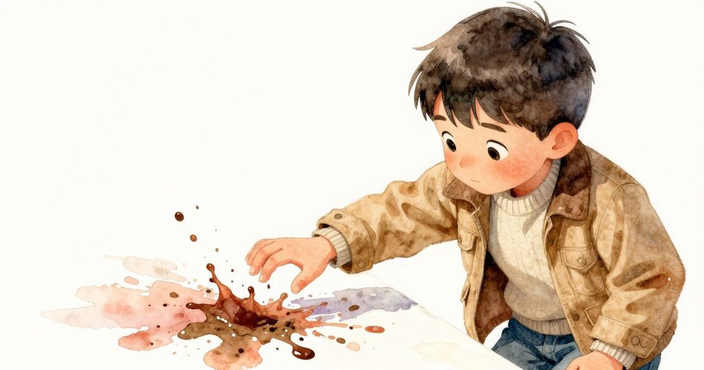 Reese小心伸手欲觸新形成的泥痕，水滴激起微漣漪，近距離刻劃石面與印痕細節，充滿緊張期待。