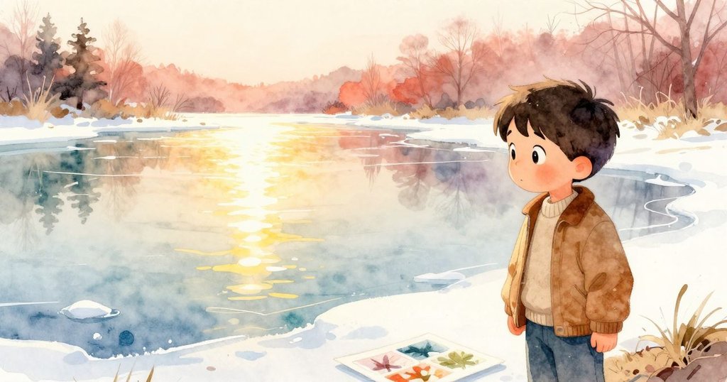 Reese在池塘邊靜立注視新印痕，陽光灑落水面閃爍，場景開闊呈現自然溫暖且寧靜的余韻。