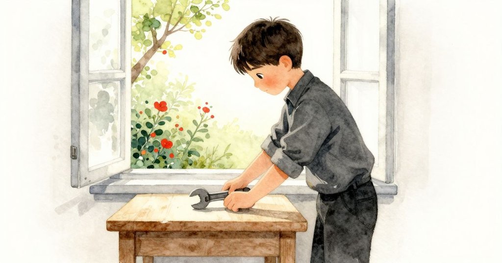 克萊德在桌下專注用工具調整飾件,室內光影與窗外斑駁陽光交織,展示場景過渡與情節推前。