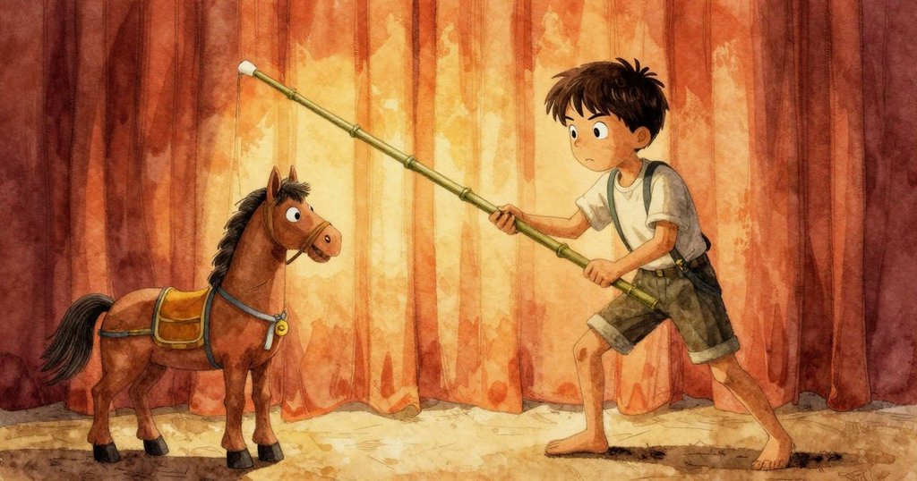 Zeke在後臺操作木馬傀儡，燈光透出溫暖光條，背景朦朧中隱約展現舞台氣氛