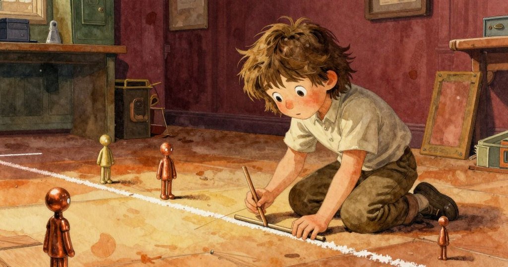 Kit專注地在後臺老舊地板旁整理道具，與器具互動，傳遞歷史沉澱與溫馨氛圍