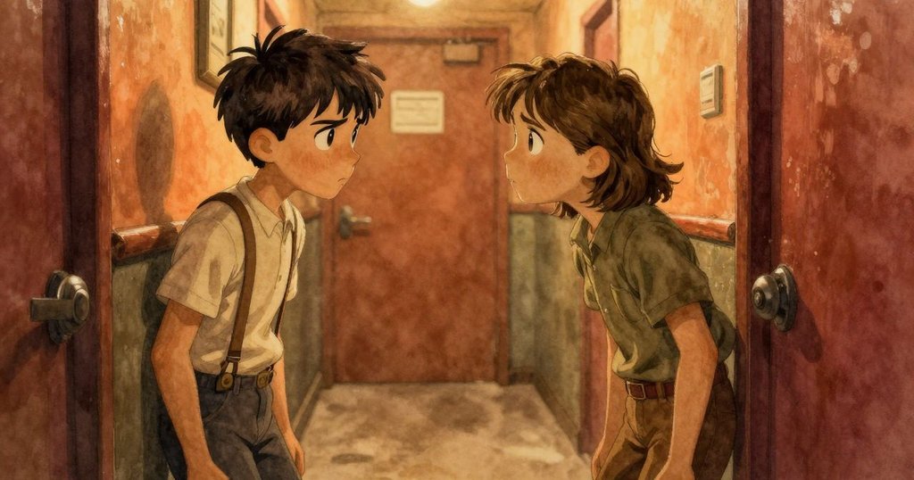 在狹窄後臺走廊中，Zeke和Kit輕柔互換位置，古樸道具與微光交織出溫馨背影