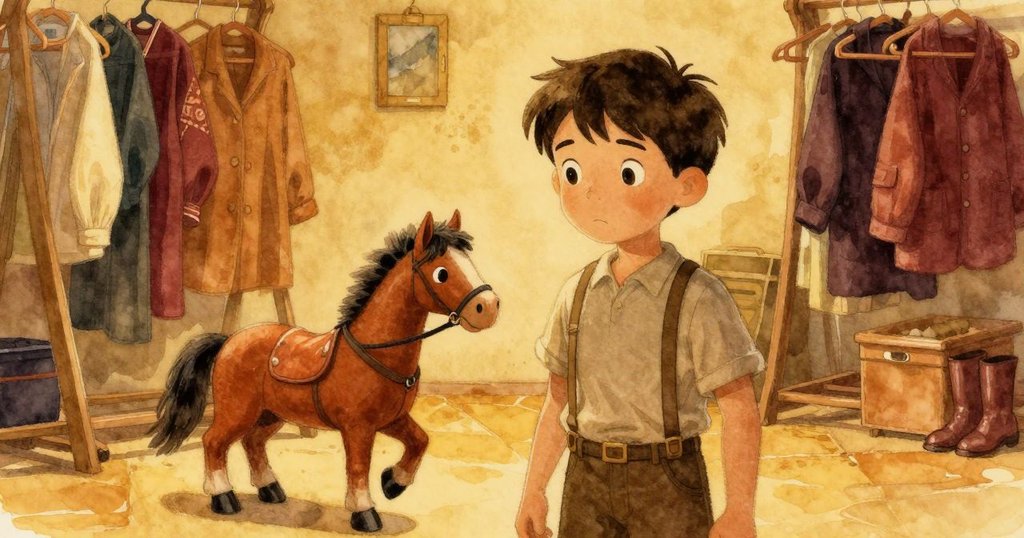 Zeke滿懷成就感將完美調整的木馬傀儡放回架上，背景溫暖有序，展現出全新開始的希望