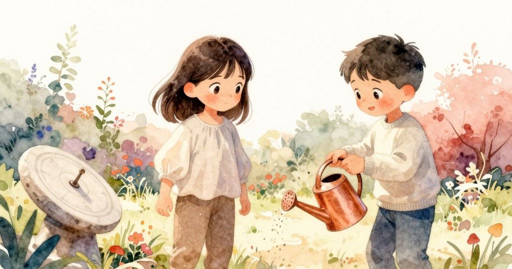 Zara 與 Bram 站在充滿陽光的花園中，Zara 停下澆水驚異注視移動日影，Bram 輕觸石板，場景溫暖明亮。