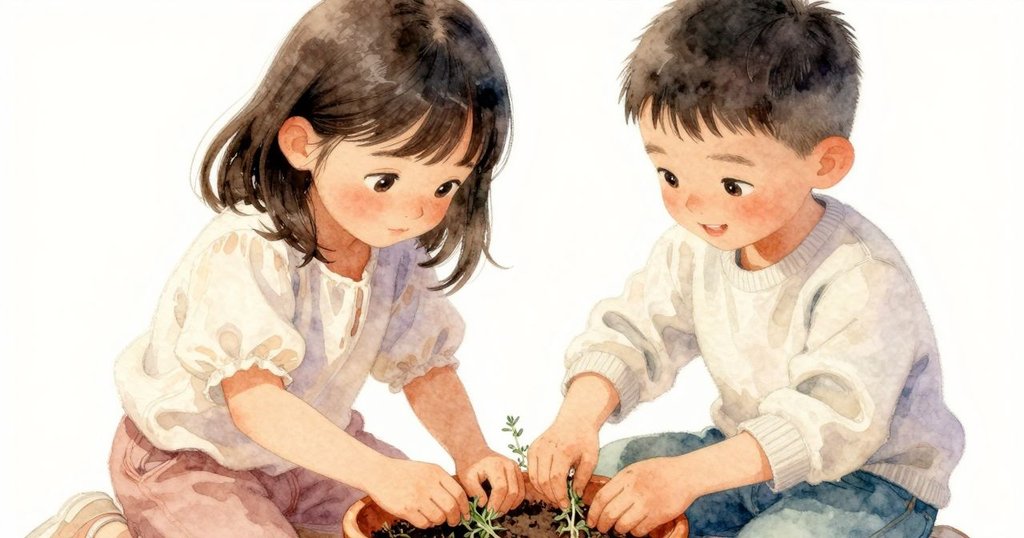 Zara 的手仔細整理陶器花盆中的泥土與百里香，近距離展現細膩動作與泥土質感，畫面溫柔專注。