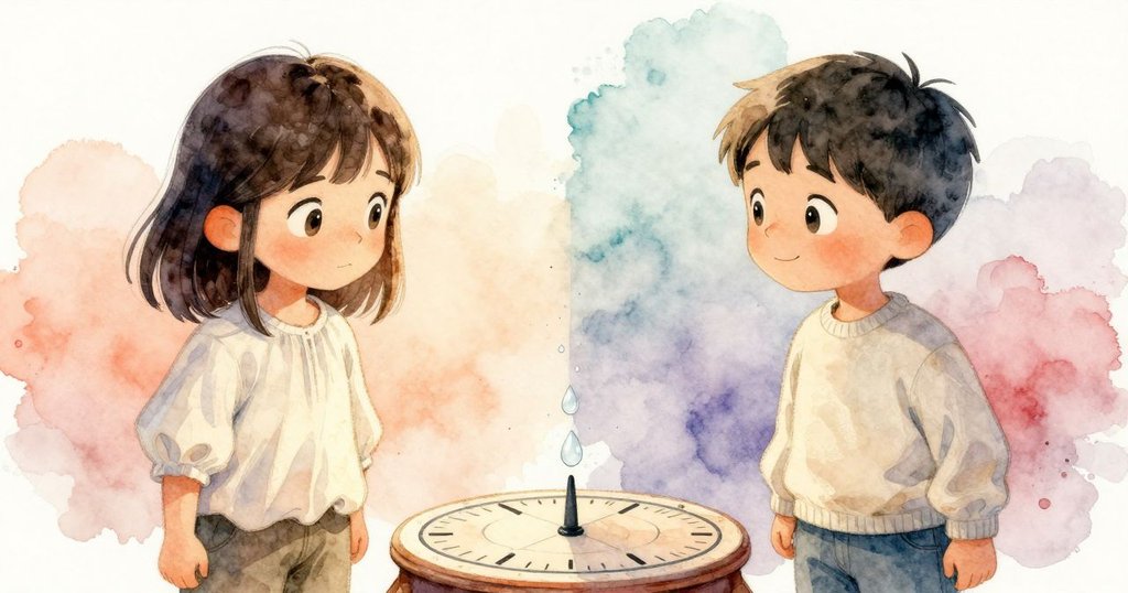 畫面左側展示水滴落在日晷上形成暫暗，右側 Zara 與 Bram 驚訝互望，分割畫面表現情節轉折。