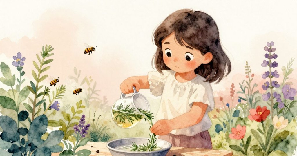 在隱秘花園角落中，Zara 小心倒入迷迭香水於花盆，蜜蜂與蝴蝶於薰衣草間飛舞，畫面溫暖寧靜。