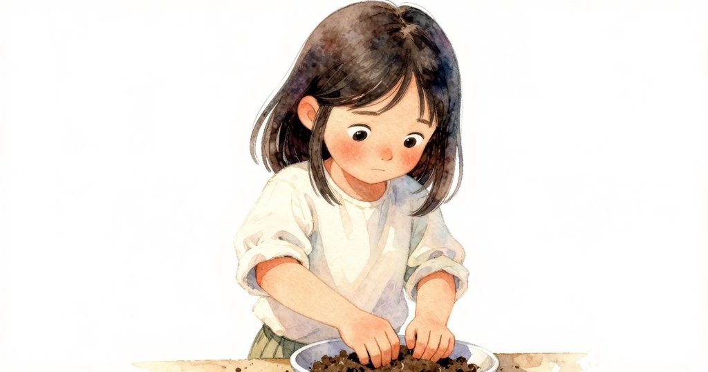 Zara 面露沉思，雙手忙於整理泥土，專注注視日晷背景，展現內心掙扎與轉變。