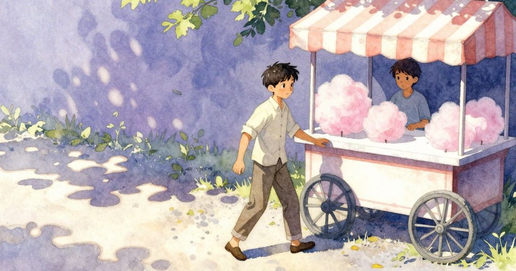 Yorick走在碎石小徑上，穿過彩條遮棚前往棉花糖車，表情充滿好奇與探索，背景光影斑駁展開故事