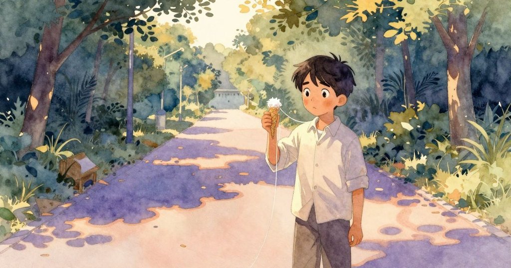 Yorick站在戶外巷子中，手持初成糖絲甜品，夕陽餘暉中感受微風輕拂，情緒溫暖而充滿詩意