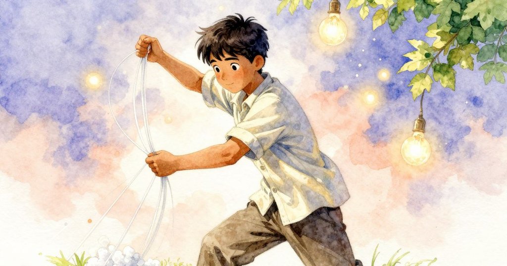 Yorick正動作剪斷飄逸糖絲，糖絲像樂符般在半空飄揚，背景燈光閃爍，畫面充滿動感與魔幻氣息