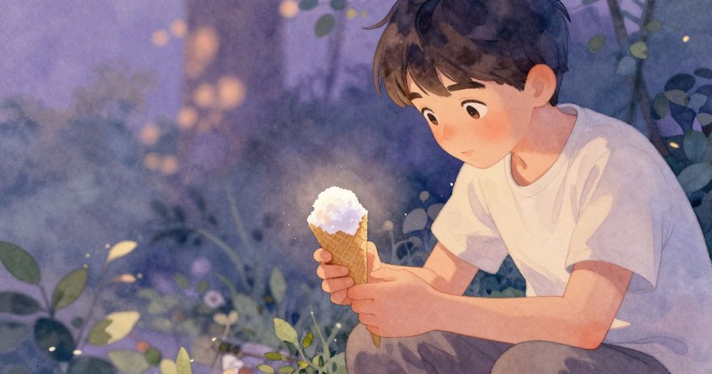 Yorick近鏡頭輕觸完成的糖絲甜品，神情滿足而溫柔，夜色低垂中呈現故事圓滿的溫馨結局