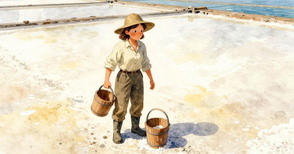 普魯從高空視角工作於鹽田，正在倒入淡鹽水，地面鹽層質感明顯，陽光灑落充滿希望。