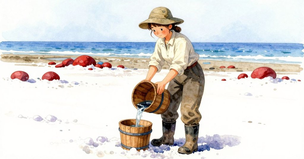 普魯專注操作，靴子踩在鹽層上，桶中鹽水流動，細節鮮明形成強烈對比，展現認真態度。