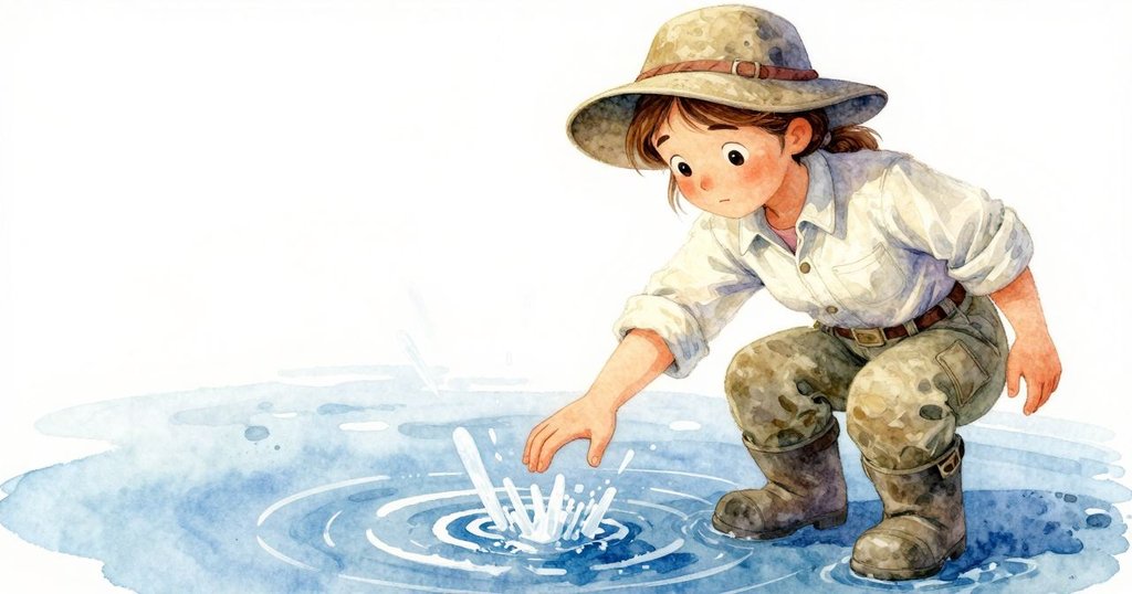 普魯以主觀視角輕觸水面，初現的白色晶體引起驚訝，神情流露驚奇注目水面變化。