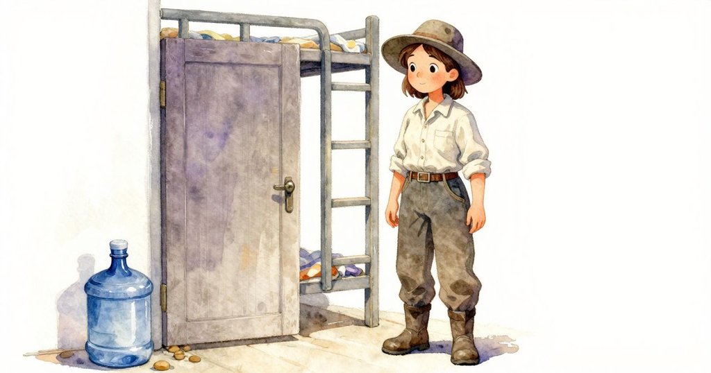 普魯走入宿舍內部，門半敞顯現出沃倫放置的冰涼水壺，場景平靜溫暖，心情沉思。