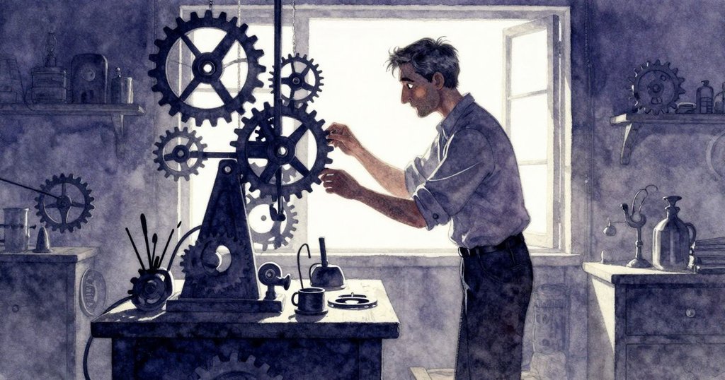 冬天在工作坊裡調整時鐘齒輪,剪影映襯明亮環境,展現專注與期待,開啟神秘故事起點