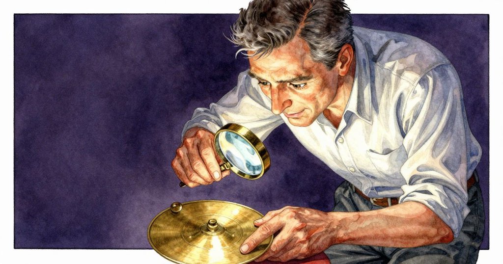 冬天用放大鏡細察銅板上淡痕,燈光突出物件細節,手部專注動作傳達疑問與好奇