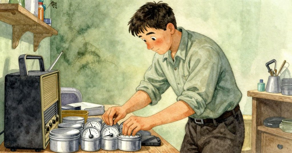 盧克從低角度忙中整理收音機撥盤入盒,背景充滿懷舊工具與柔和光影,呈現忙碌卻有序的情境