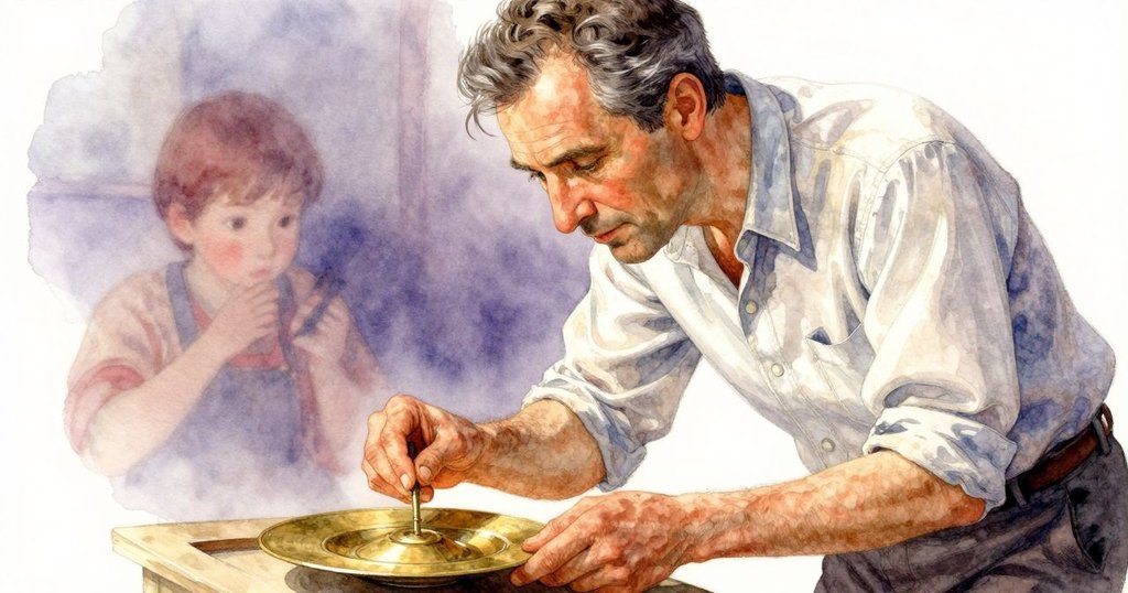 冬天在工作臺上細心使用銼刀整理銅板,表情凝重而專注,展現決策時刻的寧靜與深思