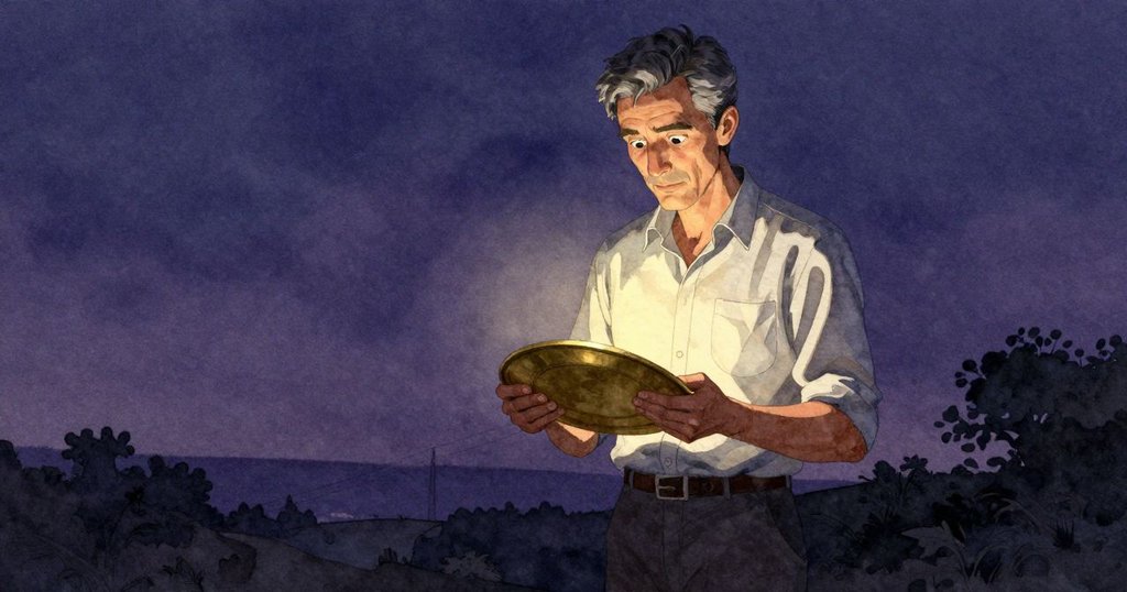 冬天手持銅板緩步離開工作臺,燈光柔和,場景展現沉思後的平靜與未來希望,故事漸入尾聲