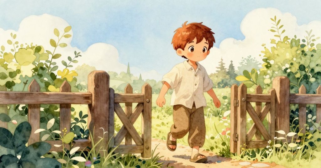 阿羅穿越木門，沿碎石小徑前行，背景有矮籬與日晷，情緒輕鬆期待，溫暖晨光環繞。