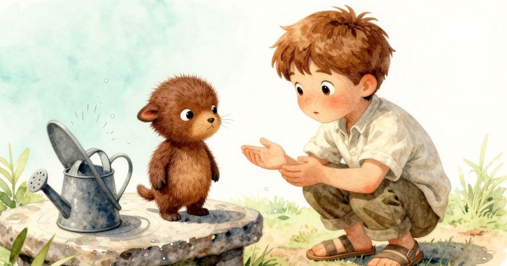 阿羅視角中展現日晷與澆水壺，水滴節奏落下，細節豐富石凳與戶外景致，充滿專注與探索感。