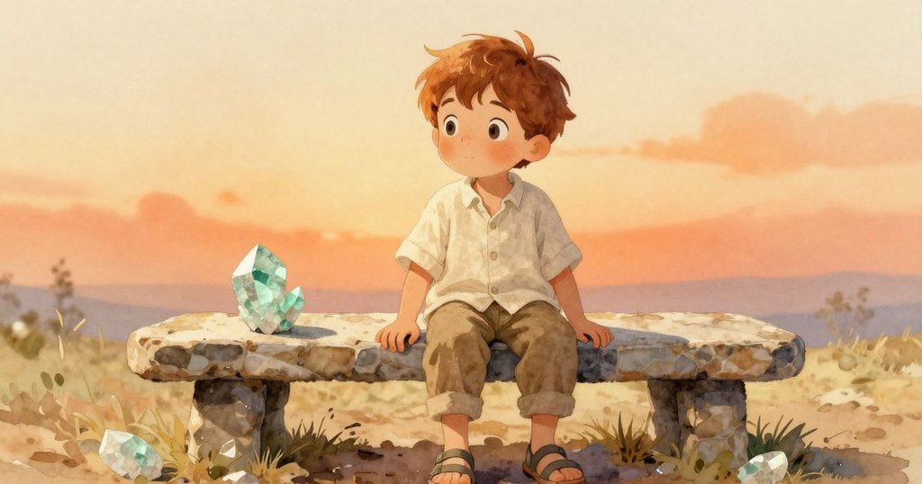 阿羅輕觸溫暖石凳，石面閃耀著隱藏的石英光芒，營造出懷舊柔和的園中回憶氛圍。