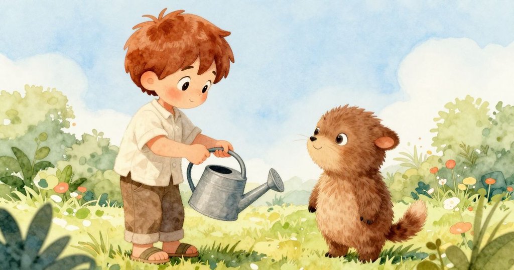 阿羅與夥伴韋德在澆水壺旁相遇，韋德揮兩指致意，溫暖花園中彼此互動，充滿友善與活力。