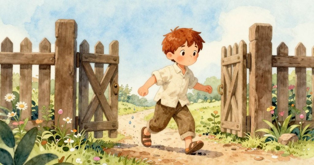 阿羅沿著花園小徑走向木門，水滴隨步伐敲響，寧靜花園中隱約傳來告別情緒，故事未完待續。