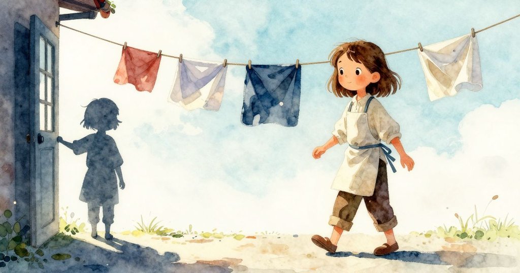 妮芙在明亮午後的木屋下繩索上行走，剪影顯現，外頭晃動的晾衣和室內溫馨融合，展開故事開端