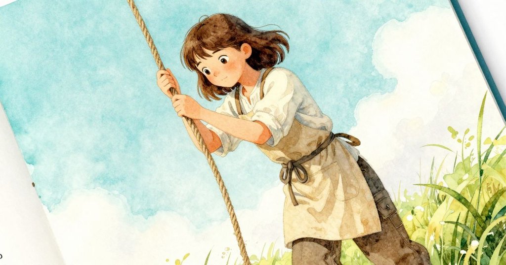 妮芙斜視著鬆弛的繩索，輕觸扭曲螺旋，角度獨特，流露出好奇與專注，故事進入發展階段