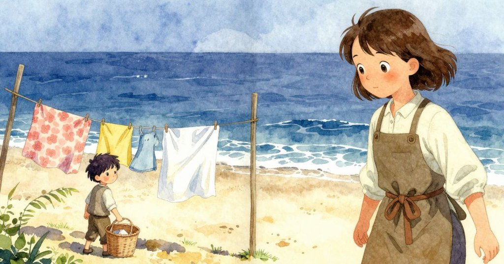 妮芙邁步出門，與站在籃旁的伊夫共享風中搖曳晾衣，庭院景致暖意融融，故事轉換場景