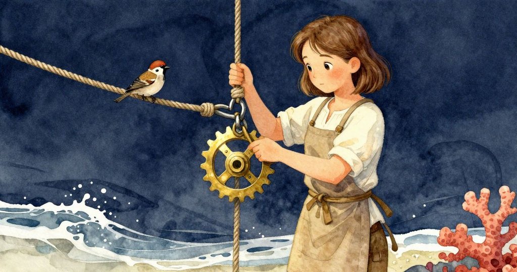 妮芙沉著調整繩索張力，銅色齒輪閃爍，小麻雀靜棲其上，光影柔和寓意深遠，故事迎向開放結局