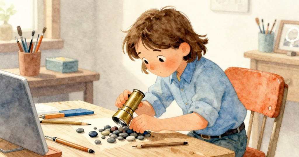 Dana在書桌前專注調整黃銅鏡頭，指尖觸碰卵石，背景高窗散發暖光，情緒平靜投入。