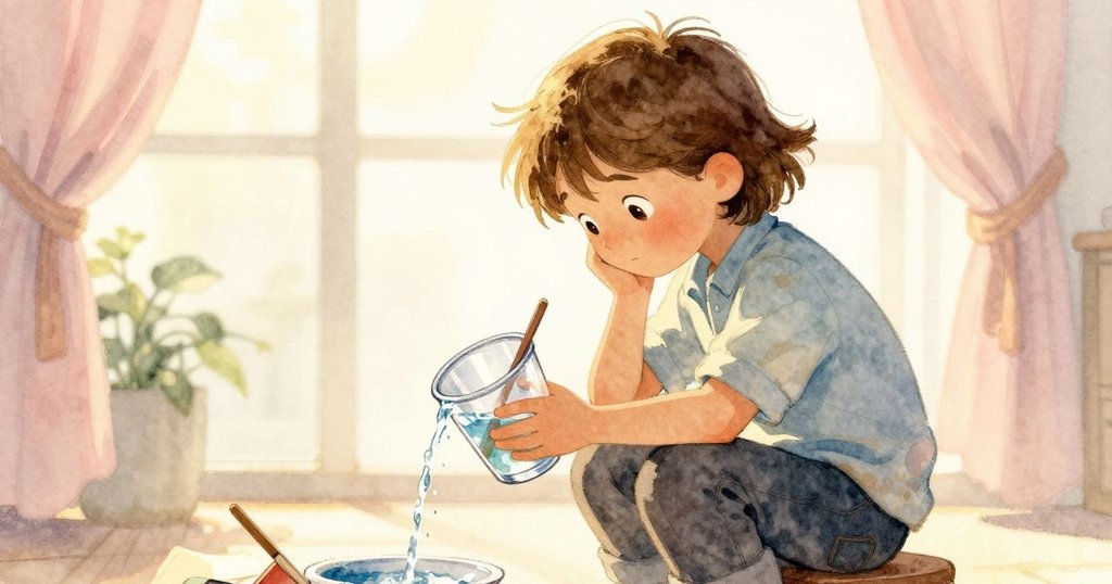 Dana在大廳中細心傾斜半滿杯子，水流閃爍陽光，背景柔和幕簾隨風飄動，神情專注。