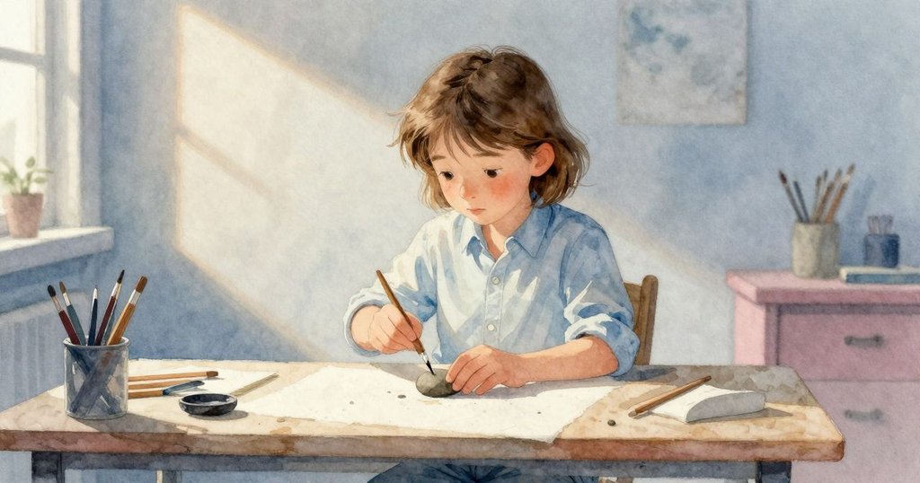 在工作室中，Dana旋轉卵石，隨著光線變幻突顯細節，室內光影交錯，彷彿時間在靜靜流轉。