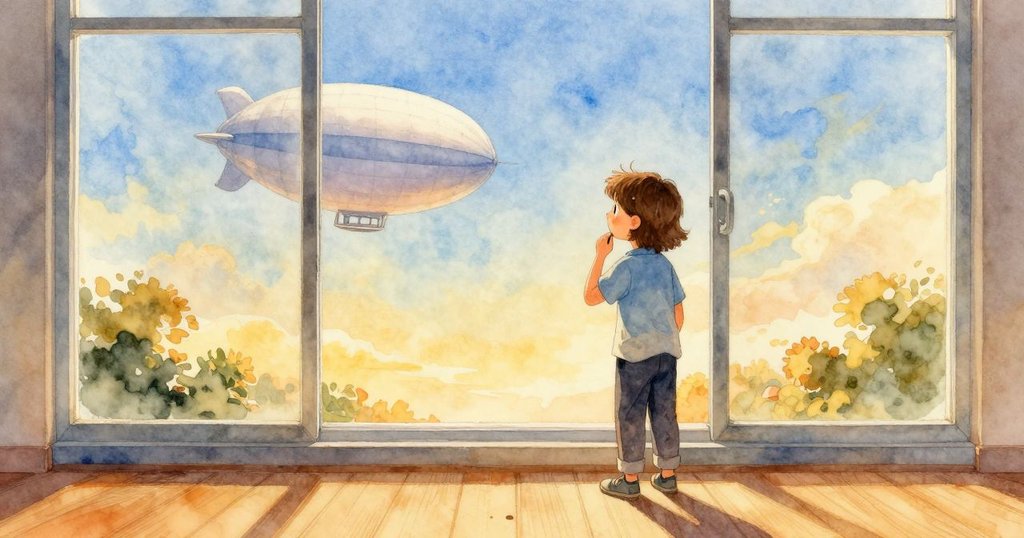 Dana站在大窗前，凝視飛翔天空的銀色飞艇形氣球，室內外光影交融，滿懷期待迎向新創作篇章。