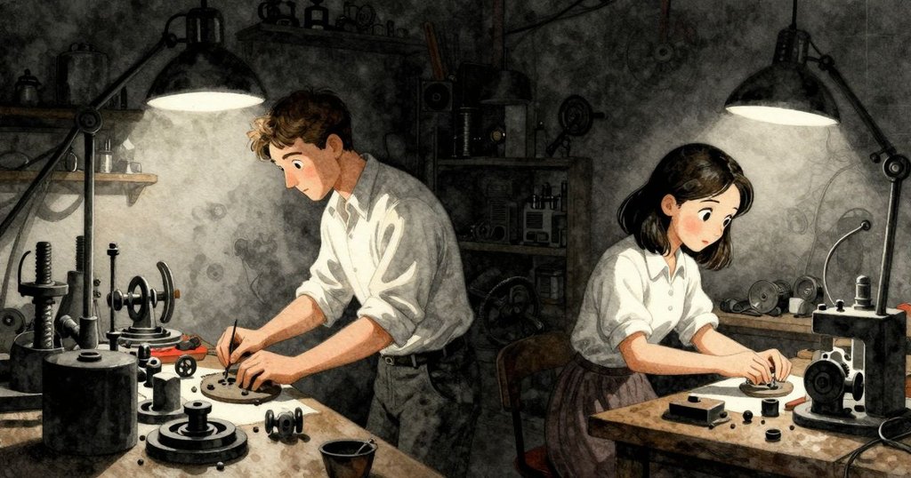 Xavier在工坊中調整銅缸，Daphne在旁仔細觀察，各種工具圍繞，燈光溫暖展現開場熱鬧情景