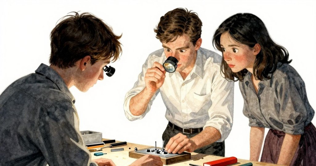 透過Daphne背影，見Xavier用放大鏡細調銅針，專注神情呼應故事發展，燈光柔和