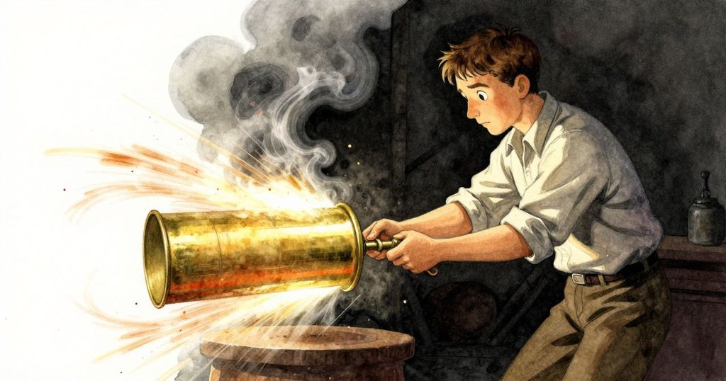 Xavier注視旋轉銅缸動態場景，金屬碎屑飄飛，動感十足展現高潮緊張與趣味