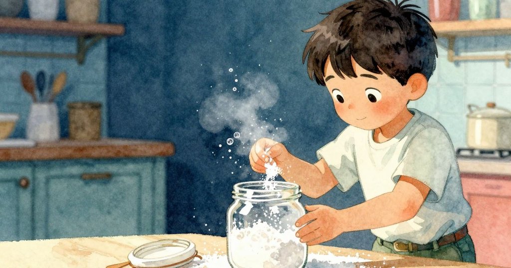 Stellan正專注灑麵粉，罐中氣泡在柔光中形成美麗畫面，背景簡潔點出細緻發酵過程