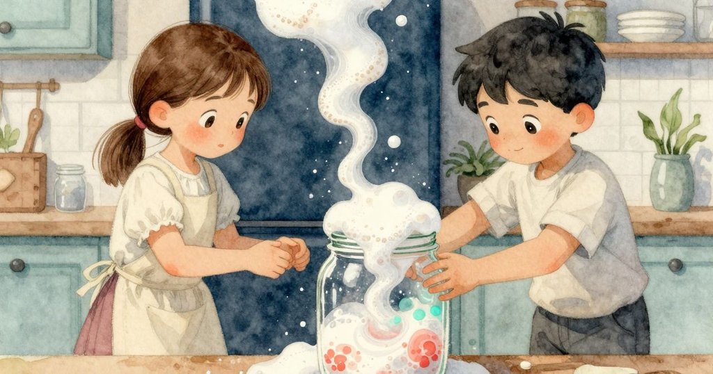 Poppy與Stellan驚訝看著罐中厚泡沫溢出，呈現出詭異流動圖形與細膩光影效果